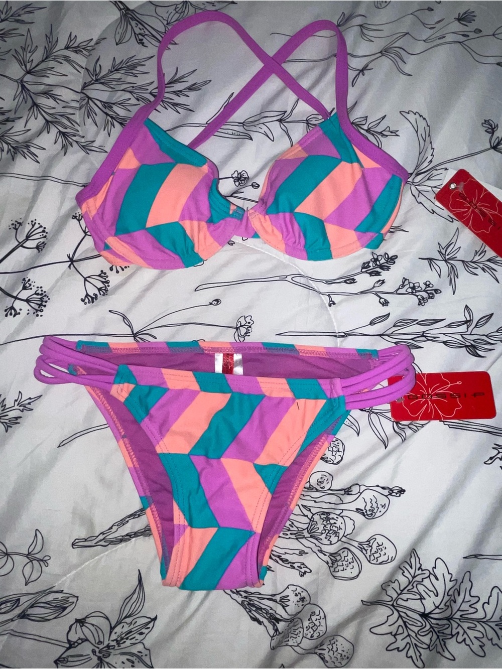 Gossip Chevron Strappy Bikini in Pink, Teal & Peach